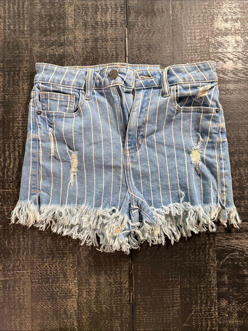 Fashion Nova Light Blue Pinstripe Distressed Denim Shorts